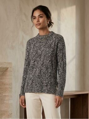 Frank & Oak Merino Wool Blend Chunky Cable Knit Sweater XXS Black White Marled